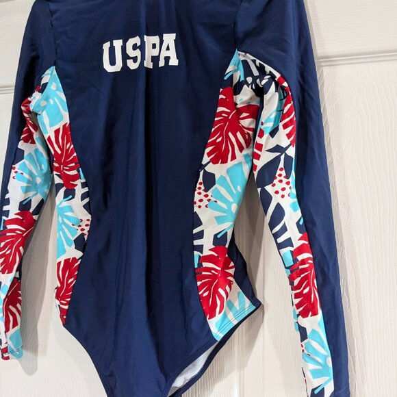 US Polo Assn. Women's Floral Long Sleeve Swimsuit, Navy, Size M (7-9), Tie Back - Picture 5 of 16